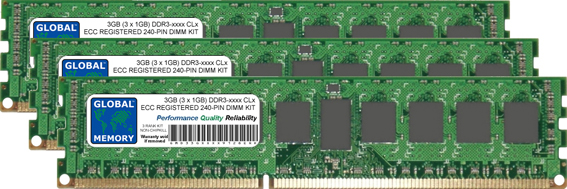 3GB (3 x 1GB) DDR3 800/1066/1333MHz 240-PIN ECC REGISTERED DIMM (RDIMM) MEMORY RAM KIT FOR SERVERS/WORKSTATIONS/MOTHERBOARDS (3 RANK KIT NON-CHIPKILL)